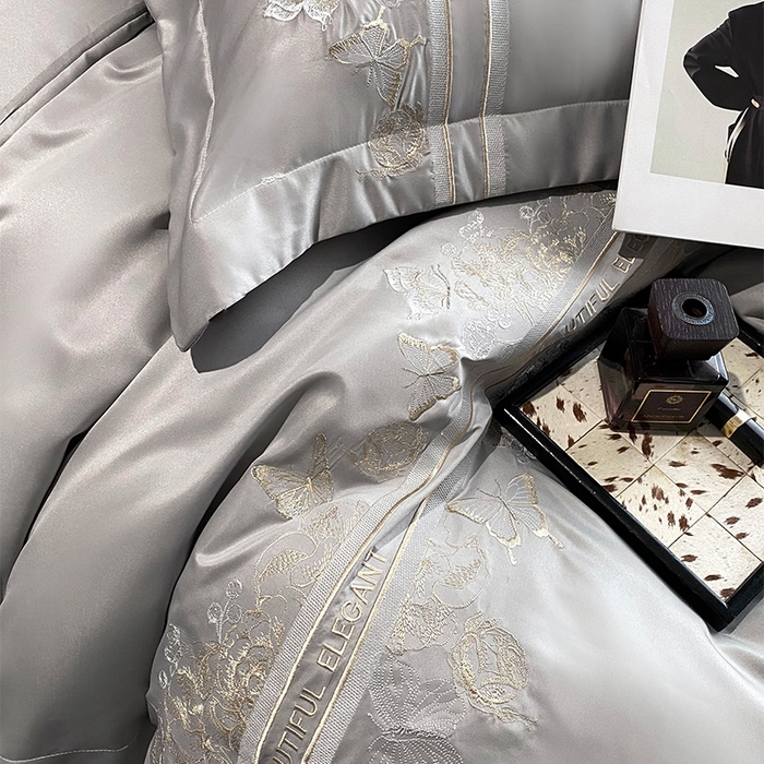 91家纺网 家纺一手货源 找家纺 优悦 2025新款冰丝简奢绣花四件套 巴黎旧梦-灰
