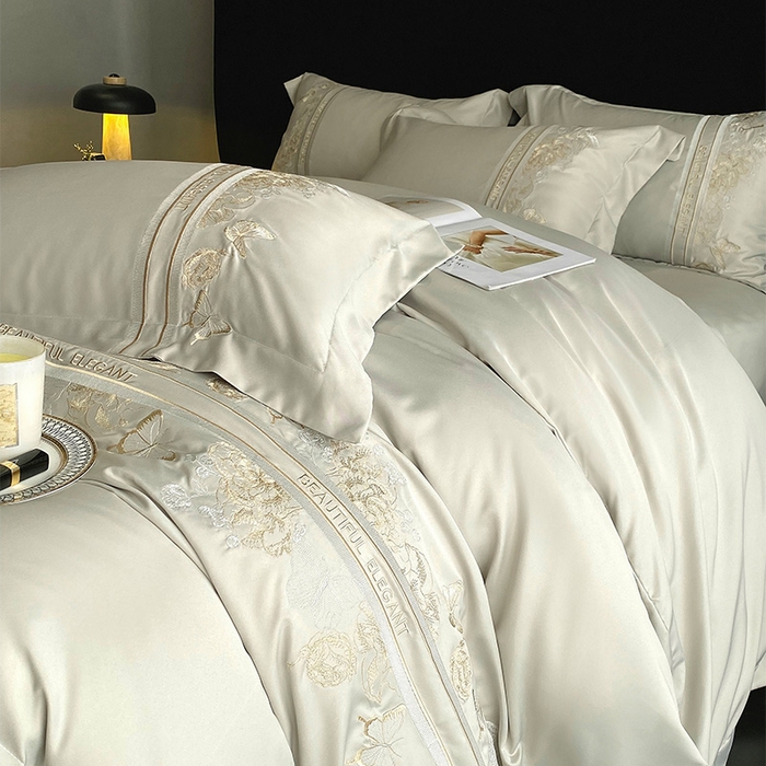 91家纺网 家纺一手货源 找家纺 优悦 2025新款冰丝简奢绣花四件套 巴黎旧梦-绿