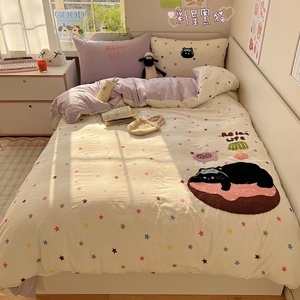 顾里家纺 2025新款ins韩系童趣毛巾绣云朵棉四件套 彩星黑猫