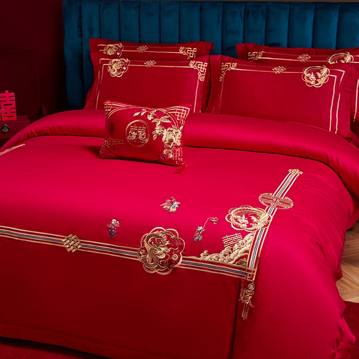 91家纺网 家纺一手货源 找家纺 晶缦家纺 2025新款喷气全棉13376婚庆绣花四件套 麒麟送子