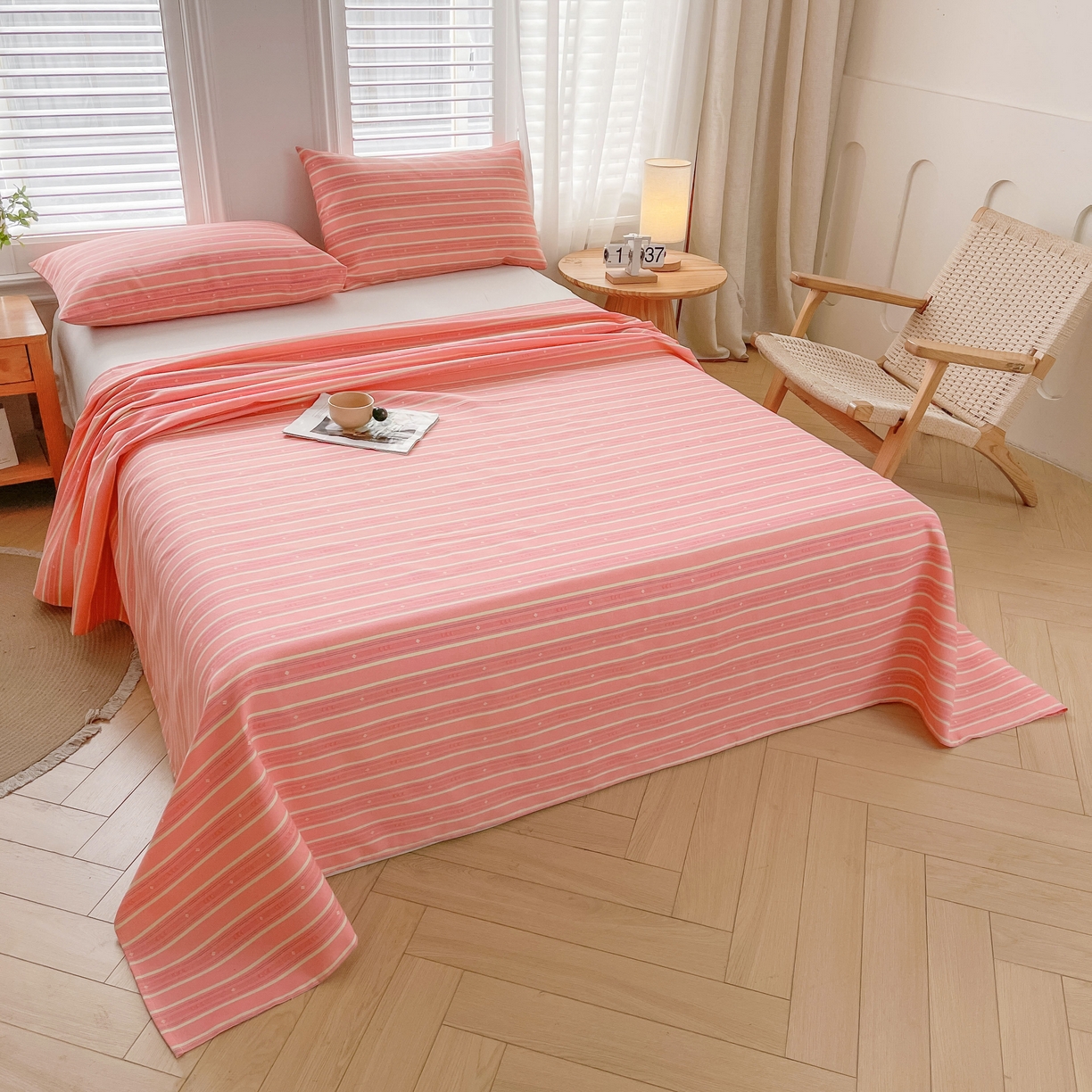 91家纺网 家纺一手货源 找家纺 美梦里 2025新款无印老粗布床单凉席席子 流年粉