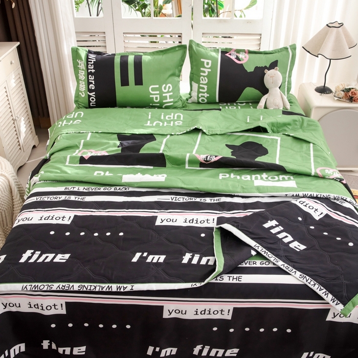 91家纺网 家纺一手货源 找家纺 乐居坊2025新款亲肤舒适印花芦荟棉夏凉被四件套 禁止蕉绿