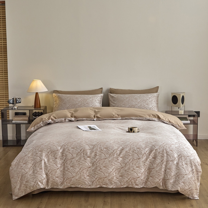 91家纺网 家纺一手货源 找家纺 琪格格纺织  2025新款色织天丝棉提花四件套 幻境-浅棕