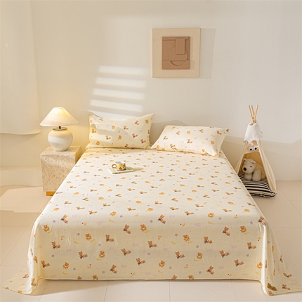 91家纺网 家纺一手货源 找家纺 2025新款云感皱皱纱印花床单 面包小熊