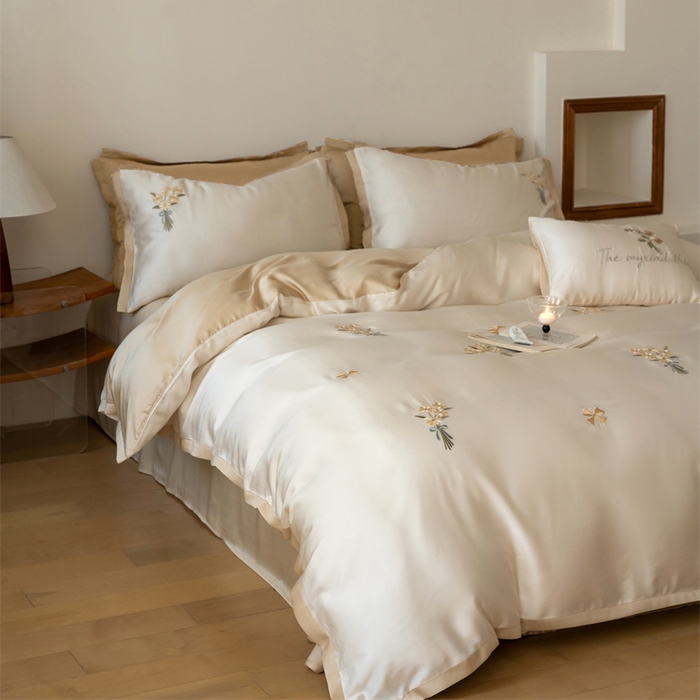 91家纺网 家纺一手货源 找家纺 FORTWO家纺原创设计（FOR TWO家纺） 2025新款60支兰精天丝毛巾绣四件套-断角款 小确幸