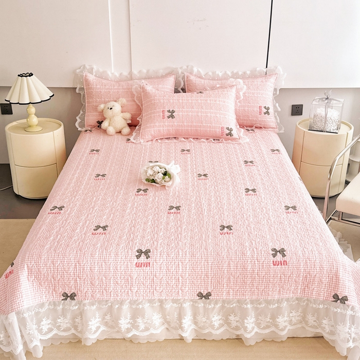 91家纺网 家纺一手货源 找家纺 添越 2024新款雪纺蕾丝款纯棉床盖四件套粉色蝴蝶结