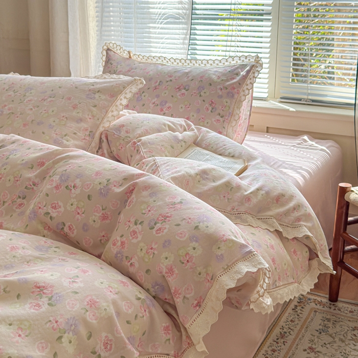 91家纺网 家纺一手货源 找家纺 曼之夏 2025新款A类全棉双层纱花边四件套 晚香玉