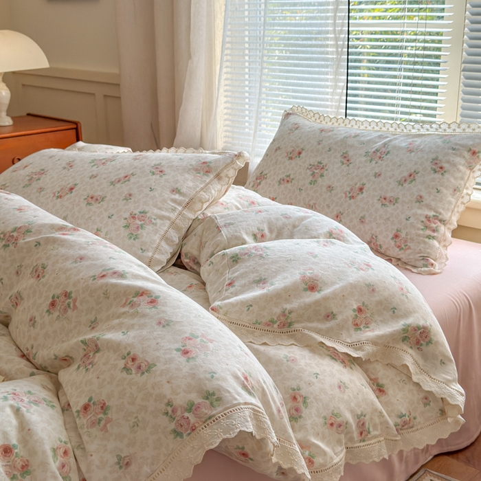 91家纺网 家纺一手货源 找家纺 曼之夏 2025新款A类全棉双层纱花边四件套 洛神玫瑰