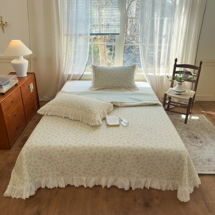 91家纺网 家纺一手货源 找家纺 淑女公社家纺  2025春夏新款法式纯棉双层纱夏被床盖四件套 春天里