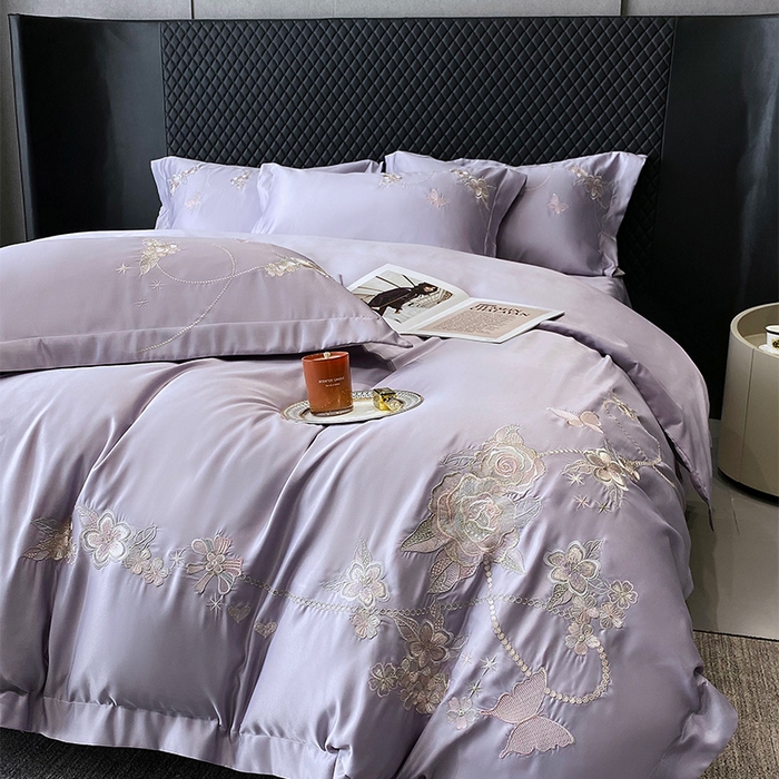 91家纺网 家纺一手货源 找家纺 优悦 2025新款冰丝简奢绣花四件套 雅韵佳人-紫