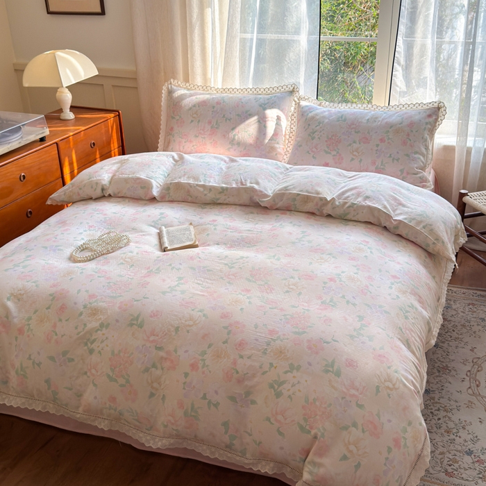 91家纺网 家纺一手货源 找家纺 曼之夏 2025新款A类全棉双层纱花边四件套 如梦令