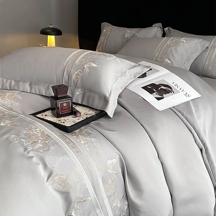 91家纺网 家纺一手货源 找家纺 优悦 2025新款冰丝简奢绣花四件套 巴黎旧梦-灰