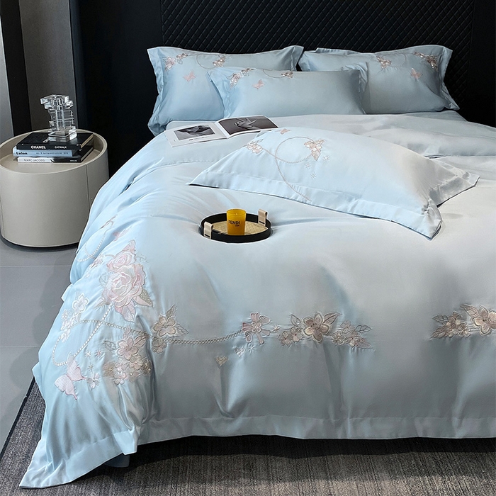 91家纺网 家纺一手货源 找家纺 优悦 2025新款冰丝简奢绣花四件套 雅韵佳人-蓝
