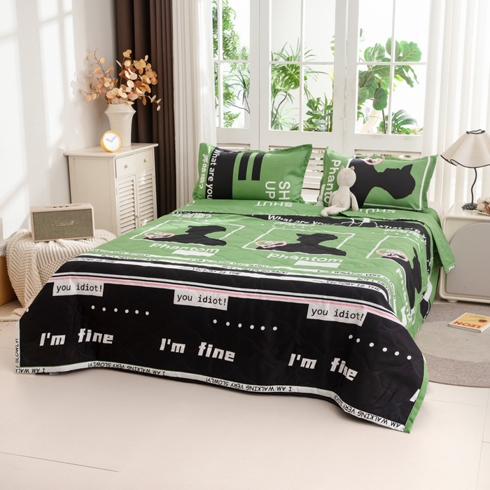 91家纺网 家纺一手货源 找家纺 乐居坊2025新款亲肤舒适印花芦荟棉夏凉被四件套 禁止蕉绿