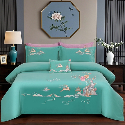 91家纺网 家纺一手货源 找家纺 浩情国际婚庆供货中心 2026新款100支全棉高端刺绣四件套一鹿常红系列 一鹿常红-翡翠绿