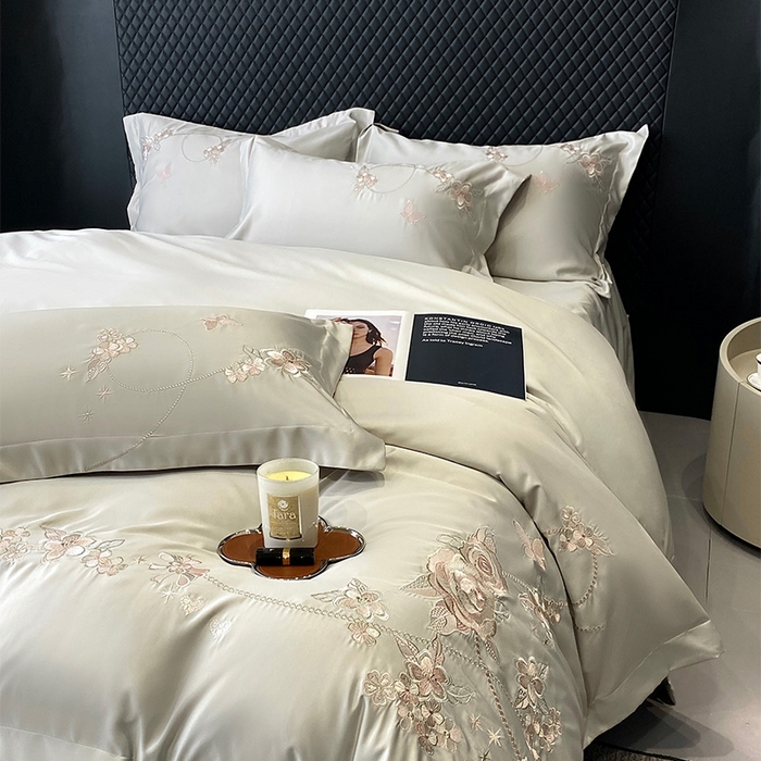 91家纺网 家纺一手货源 找家纺 优悦 2025新款冰丝简奢绣花四件套 雅韵佳人-绿