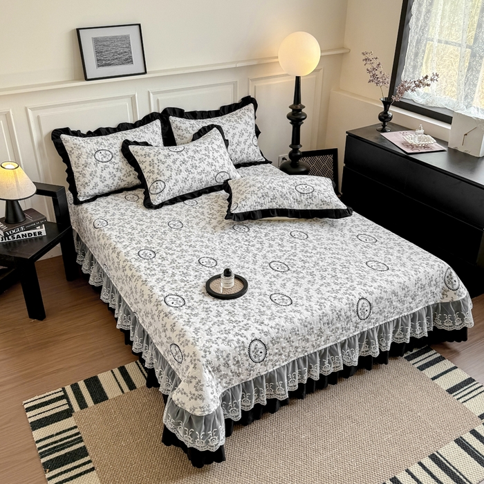 91家纺网 家纺一手货源 找家纺 绣女坊 2025新款时尚印花水洗棉被套款床盖四件套-赫本风 赫本风-花艺