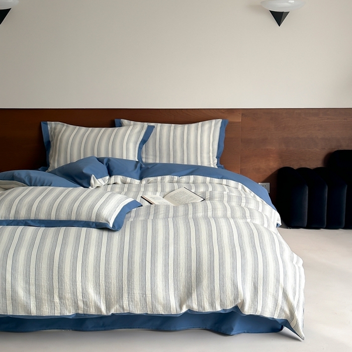 91家纺网 家纺一手货源 找家纺 旷野2025新款全棉纯棉A类婴幼儿级双层纱皱皱纱四件套 理想三旬-蓝