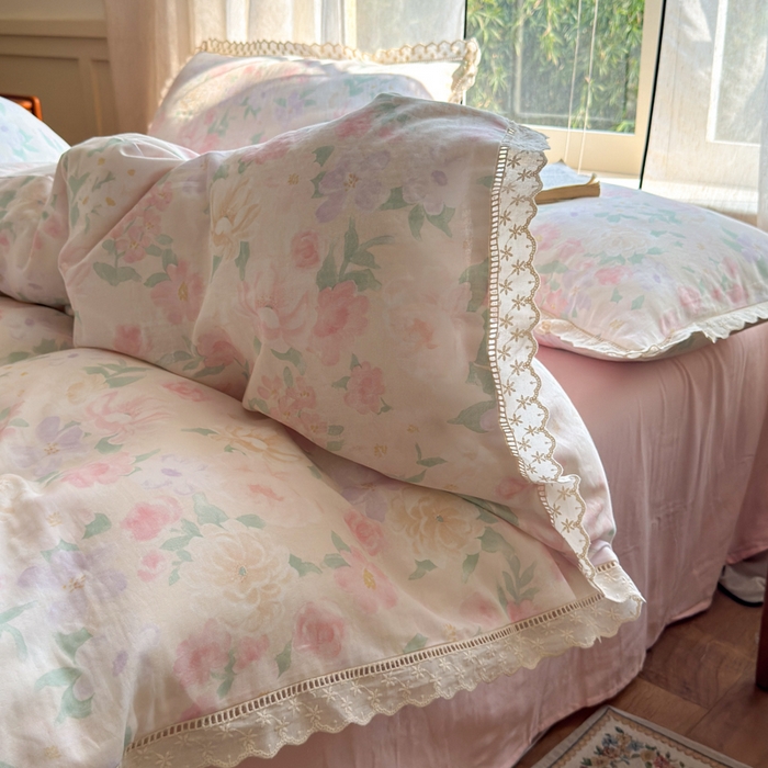 91家纺网 家纺一手货源 找家纺 曼之夏 2025新款A类全棉双层纱花边四件套 如梦令