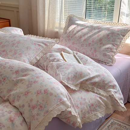 91家纺网 家纺一手货源 找家纺 （总）曼之夏 2025新款A类全棉双层纱花边四件套