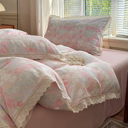 曼之夏 2025新款A类全棉双层纱花边四件套 春风里