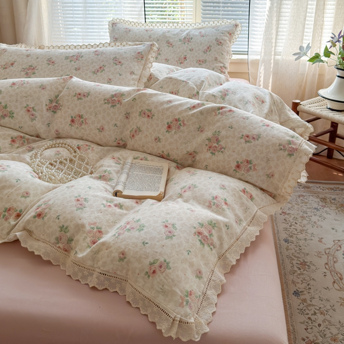 91家纺网 家纺一手货源 找家纺 曼之夏 2025新款A类全棉双层纱花边四件套 洛神玫瑰