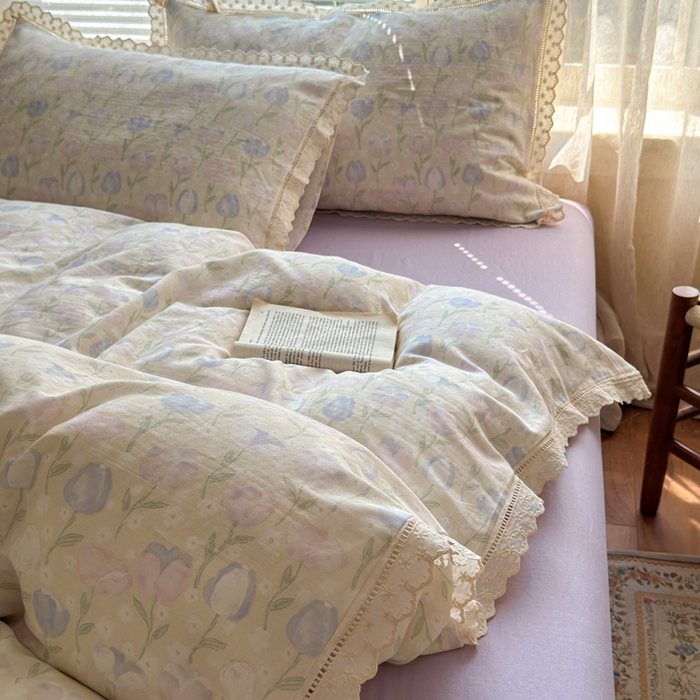 91家纺网 家纺一手货源 找家纺 曼之夏 2025新款A类全棉双层纱花边四件套 郁金香