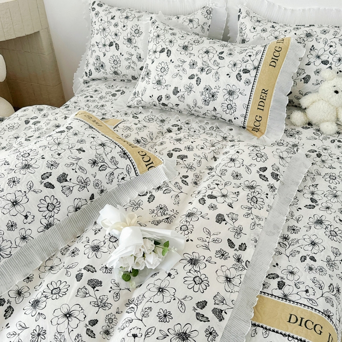 91家纺网 家纺一手货源 找家纺 添越 2024小清新韩版蕾丝花边纯棉夹棉床盖三件套全棉洛莉