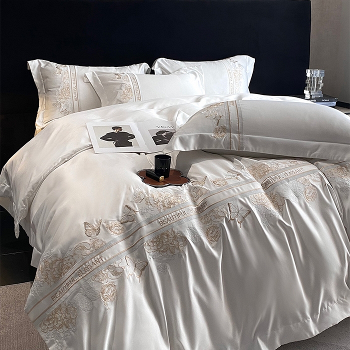 91家纺网 家纺一手货源 找家纺 优悦 2025新款冰丝简奢绣花四件套 巴黎旧梦-白