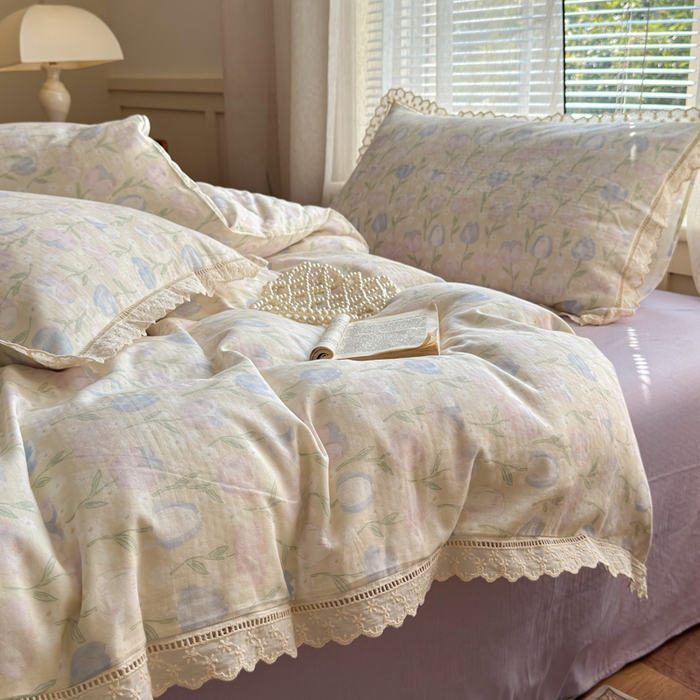 91家纺网 家纺一手货源 找家纺 曼之夏 2025新款A类全棉双层纱花边四件套 郁金香