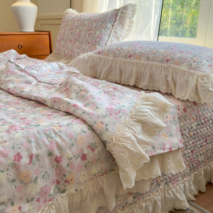 91家纺网 家纺一手货源 找家纺 淑女公社家纺  2025春夏新款法式纯棉双层纱夏被床盖四件套 繁花