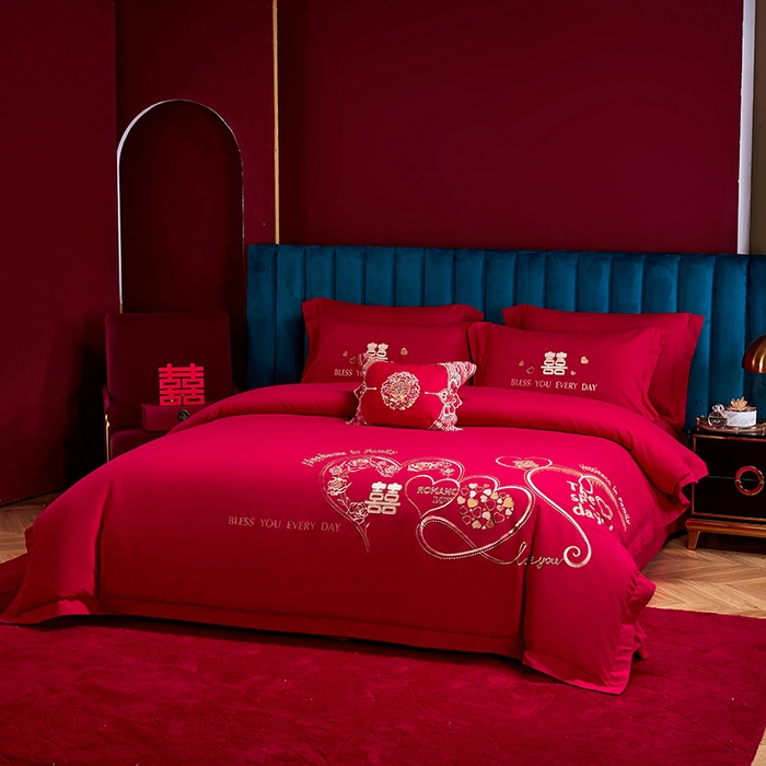 91家纺网 家纺一手货源 找家纺 晶缦家纺 2025新款喷气全棉13376婚庆绣花四件套 永结同心