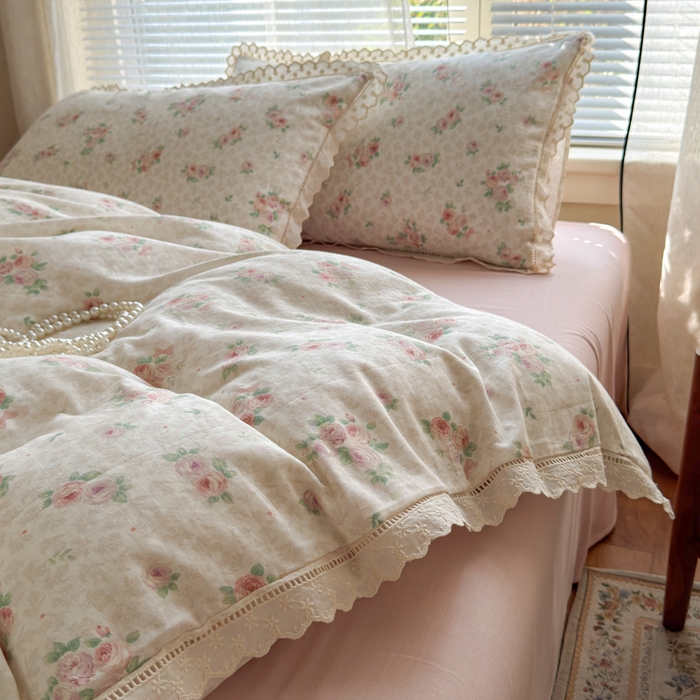 91家纺网 家纺一手货源 找家纺 曼之夏 2025新款A类全棉双层纱花边四件套 洛神玫瑰