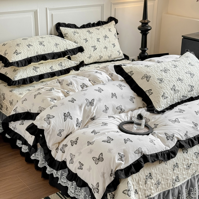 91家纺网 家纺一手货源 找家纺 绣女坊 2025新款时尚印花水洗棉被套款床盖四件套-赫本风 赫本风-蝴蝶