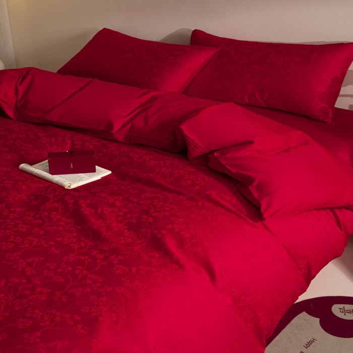 91家纺网 家纺一手货源 找家纺 琪格格纺织 2025新款纯棉婚庆四件套结婚用品提花简约婚庆 叶满良缘