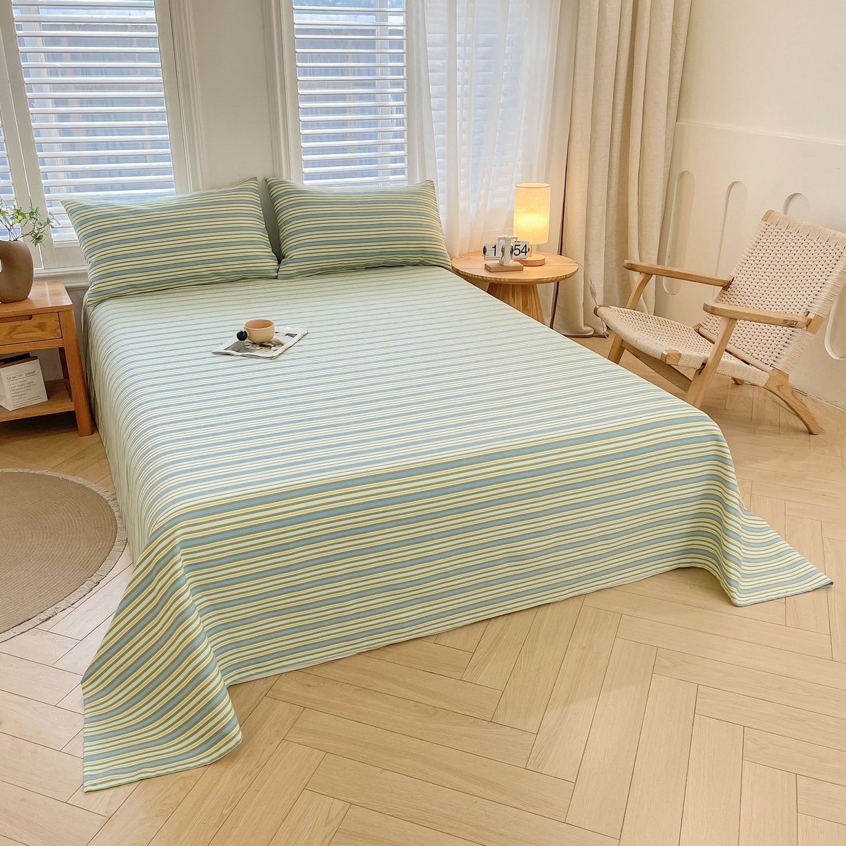 91家纺网 家纺一手货源 找家纺 美梦里 2025新款无印老粗布床单凉席席子 流年绿