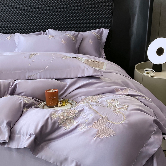 91家纺网 家纺一手货源 找家纺 优悦 2025新款冰丝简奢绣花四件套 雅韵佳人-紫