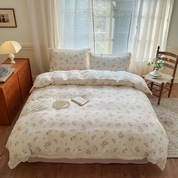 91家纺网 家纺一手货源 找家纺 曼之夏 2025新款A类全棉双层纱花边四件套 洛神玫瑰