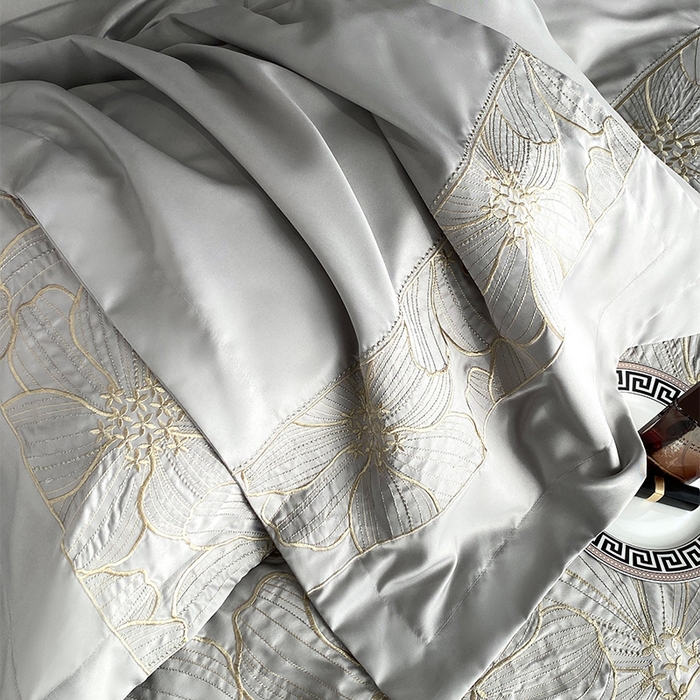 91家纺网 家纺一手货源 找家纺 优悦 2025新款冰丝简奢绣花四件套 北欧情调-灰