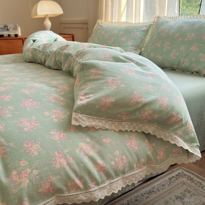 91家纺网 家纺一手货源 找家纺 曼之夏 2025新款A类全棉双层纱花边四件套 苏打绿