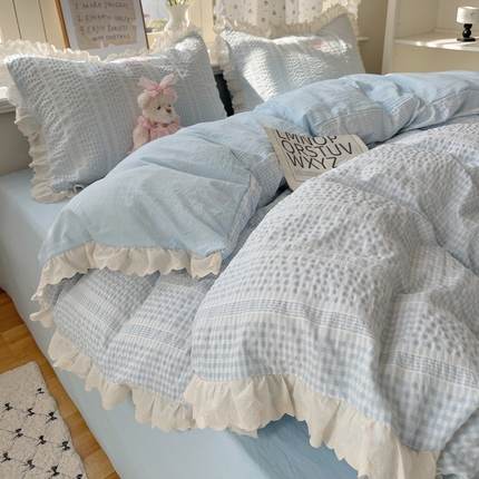 91家纺网 家纺一手货源 找家纺 轻奢坊 2025新款色织提花格子水洗棉仙仙花边安妮四件套 花边安妮-蓝