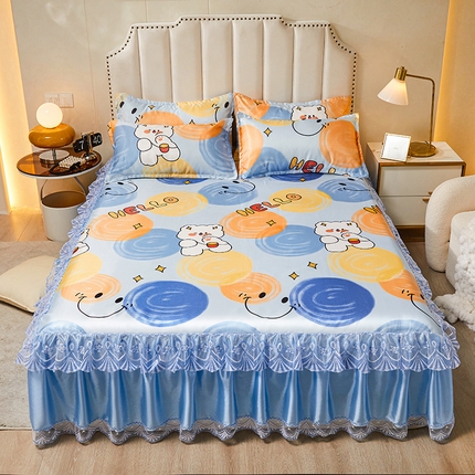 妖妖家纺 2025新款蕾丝床裙夏凉冰丝席三件套 活力青春