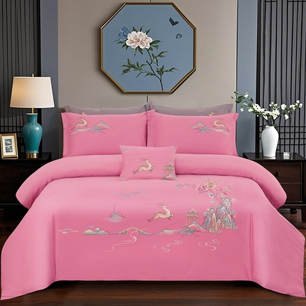 浩情国际婚庆供货中心 2026新款100支全棉高端刺绣四件套一鹿常红系列 一鹿常红-豆沙