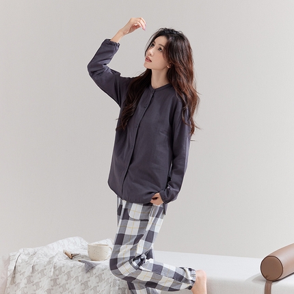 良品汇馆纯棉双层纱情侣居家服 国潮风女款灰