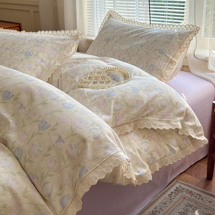 曼之夏 2025新款A类全棉双层纱花边四件套 郁金香