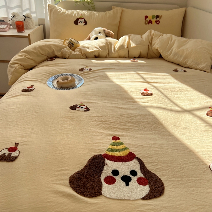 91家纺网 家纺一手货源 找家纺 （总）顾里家纺 2025新款ins韩系童趣毛巾绣云朵棉四件套