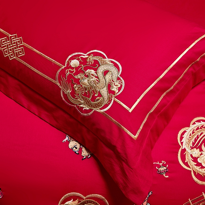 91家纺网 家纺一手货源 找家纺 晶缦家纺 2025新款喷气全棉13376婚庆绣花四件套 麒麟送子