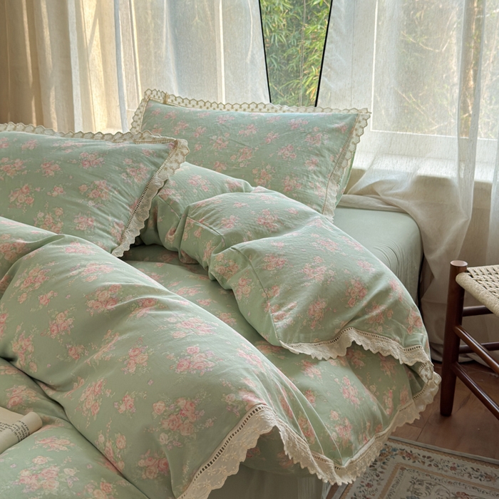 91家纺网 家纺一手货源 找家纺 曼之夏 2025新款A类全棉双层纱花边四件套 苏打绿
