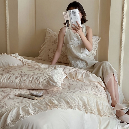 91家纺网 家纺一手货源 找家纺 （总）惯盈家纺 2025新款法式镂空花边全棉四件套-黎雾沉香【含买家秀】
