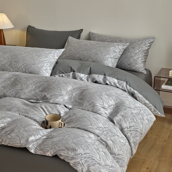 91家纺网 家纺一手货源 找家纺 琪格格纺织  2025新款色织天丝棉提花四件套 幻境-灰